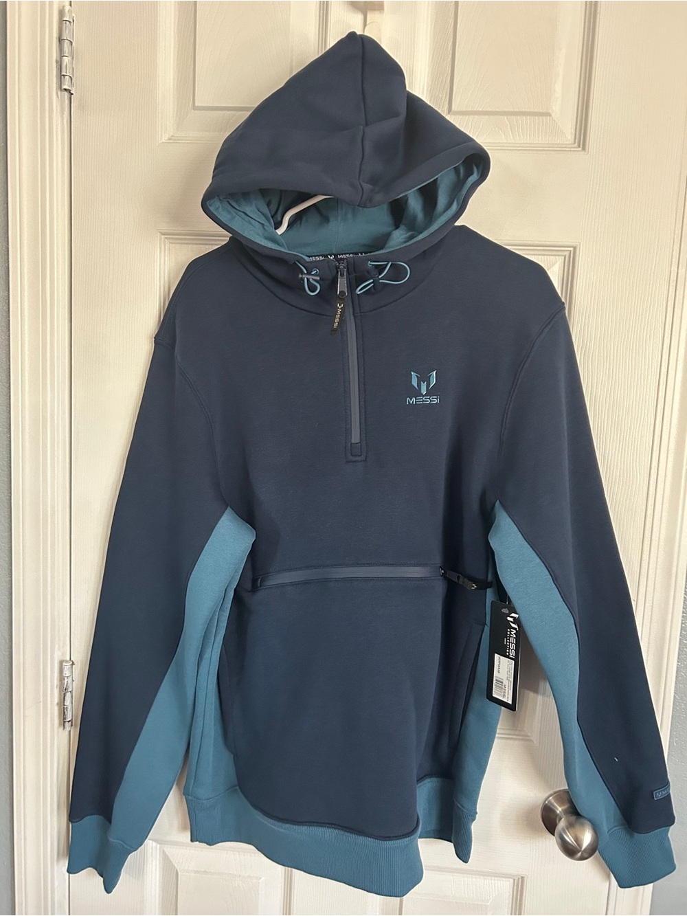 Men's Navy & Teal Half-Zip Hooded Sweater by Messi - Picture 1 of 5